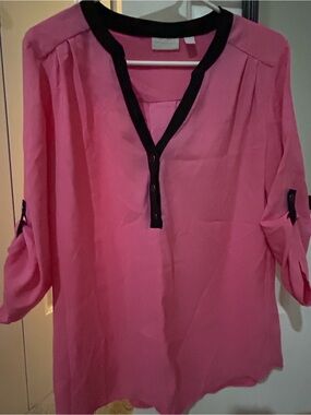 New York & Company Pink Blouse with Black Trim and Roll Tabs